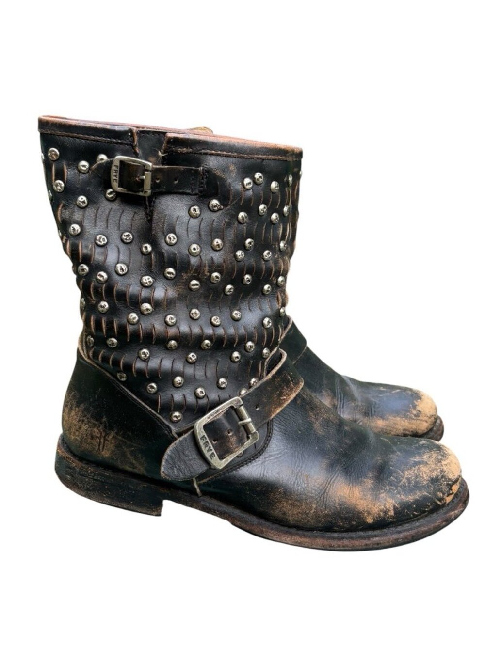 FRYE  Boots Jenna Cut Womens 10 B Distressed Leather Studded Short Pull On Biker
